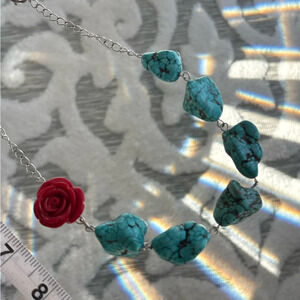 Turquoise stone red rose necklace